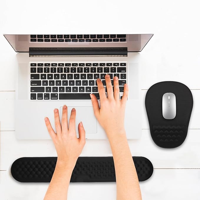Ergonomic Mouse Pad and Keyboard Wrist Rest with Massage Design, Space-Saving Mouse Pad Wrist Support, Memory Foam Wrist Rest with Non-Slip PU Base for Computer Desk, Black