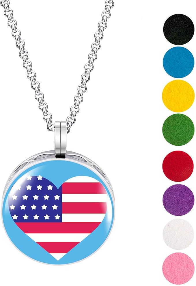 Wild Essentials US Flag Heart Enamel Finish Essential Oil Diffuser Necklace Gift Set - includes Aromatherapy Pendant, 24" Stainless Steel Chain, 8 Color Refill Pads