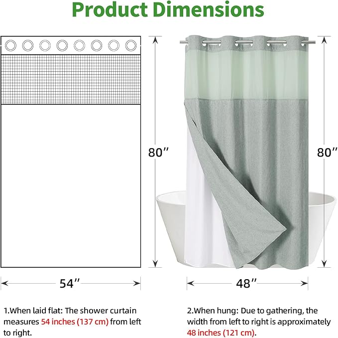 Stall No Hooks Needed Linen Textured Shower Curtain with Snap-in Fabric Liner Set,Hotel Luxury Decor Farmhouse Shower Curtains for Bathroom,Waterproof & Washable,54Wx80H,Sage Green