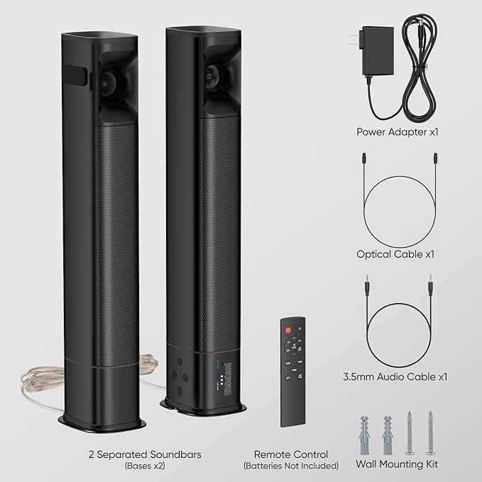 Sound Bar for Smart TV, 80W Soundbar with Four Woofers, Dual Horn Tweeters, 2.0 Channel TV Speaker, 2 in 1 Detachable Design, BT/ARC/AUX/Optical Connection, Surround Sound System for TV