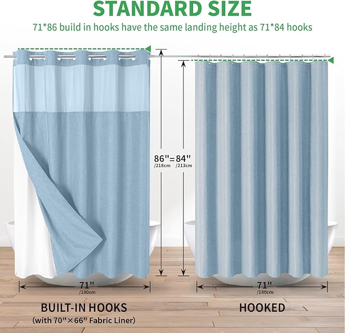 Extra Long No Hooks Needed Linen Textured Shower Curtain with Snap-in Fabric Liner Set,White Hotel Luxury Decor Shower Curtains for Bathroom,Waterproof & Washable,71Wx86H,Fog Blue