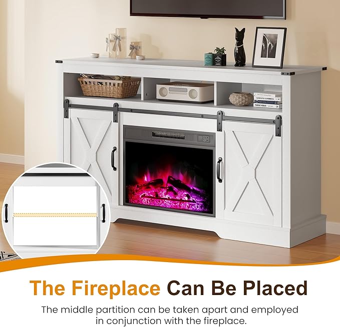 RoyalCraft Farmhouse Fireplace TV Stand for 65+ Inch TV, Entertainment Center with 23" Electric Fireplace with Remote, 34" Tall Modern Rustic TV Console with Sliding Bar Door for Living Room, White