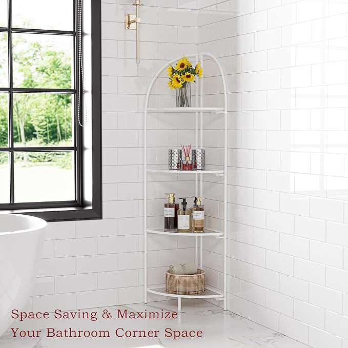 Crofy Foldable 4 Tier Corner Shelf, Metal Corner Plant Stand with White Frame and Transparent Shelves, Corner Display Rack Multipurpose Shelving Unit for Living Room, Bedroom, Bathroom
