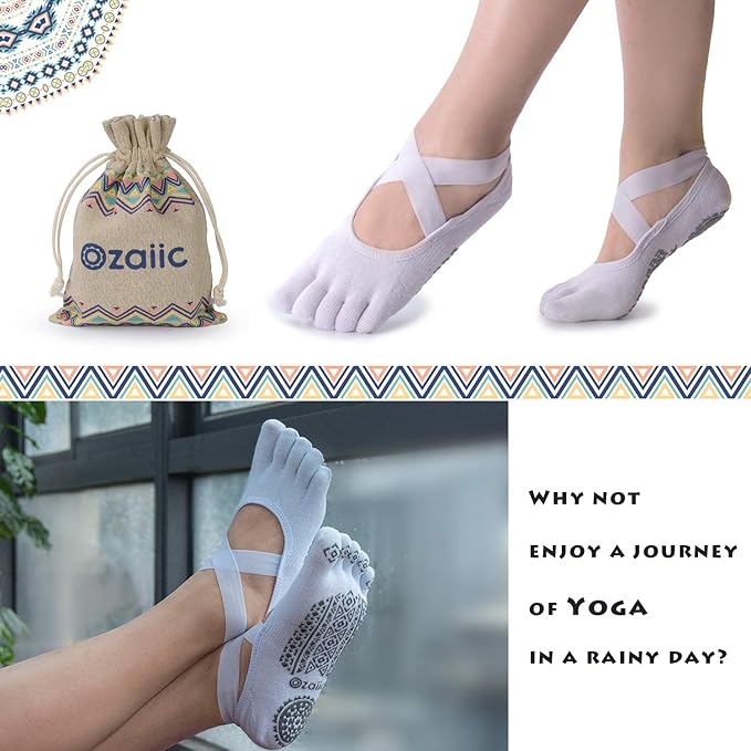 Ozaiic Yoga Socks for Women with Grips, Non-Slip Five Toe Socks for Pilates, Barre, Ballet, Fitness