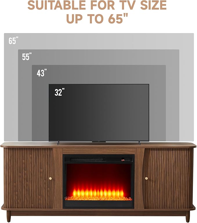 Fireplace TV Stand, Fluted TV Stand with Storage and Sliding Door, Farmhouse Entertainment Center Media Console Table for Living Room (Walnut)