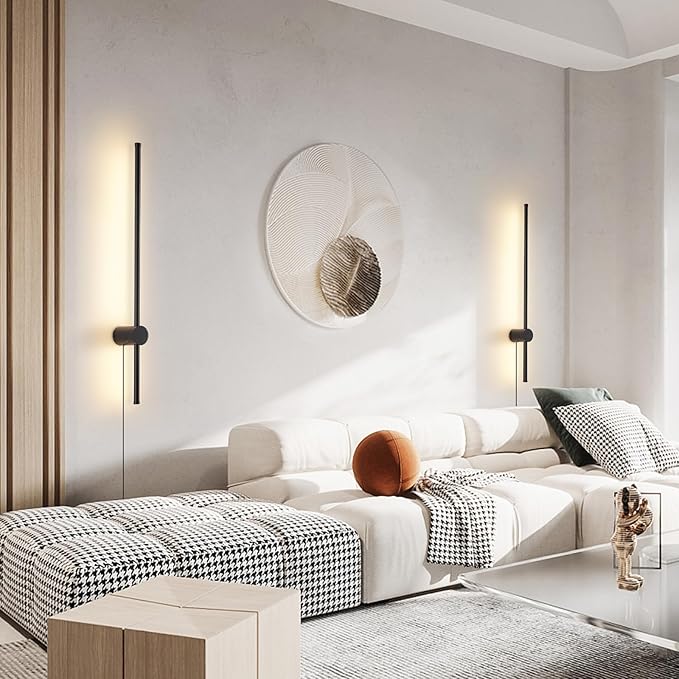 Dimmable Plug in Wall Sconce Set of 2,Black 31.5" LED Wall Light with Remote,Adjustable Color Temperature Brightness,Wall lamp with Timer for Living Room,Bedroom and Accent Lighting