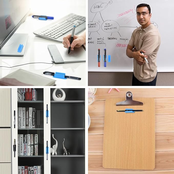 20 Pack Pen Holder Silicone,Adhesive Pen Holder for Desk,Marker Clip for Classroom Office Desk Accessories, Pencil Holder with 20 Double Sided Extra Sticky Tape (Blue)