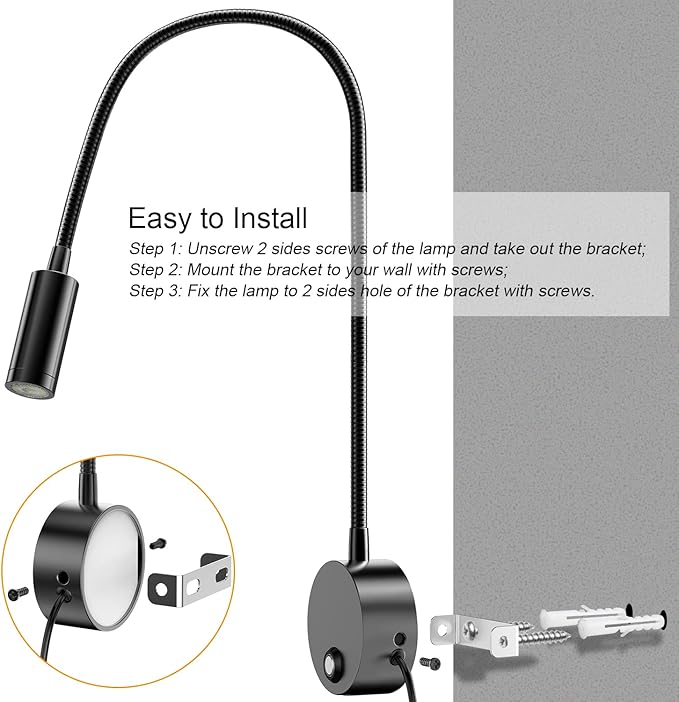 Wall Mounted LED Reading Light with 15" Flexible Gooseneck, Dimmable Book Light for Reading In Bed with USB Charging Port, Plug In Headboard Night Lights, 3 Colors Temperature, Touch Control-2 Pack