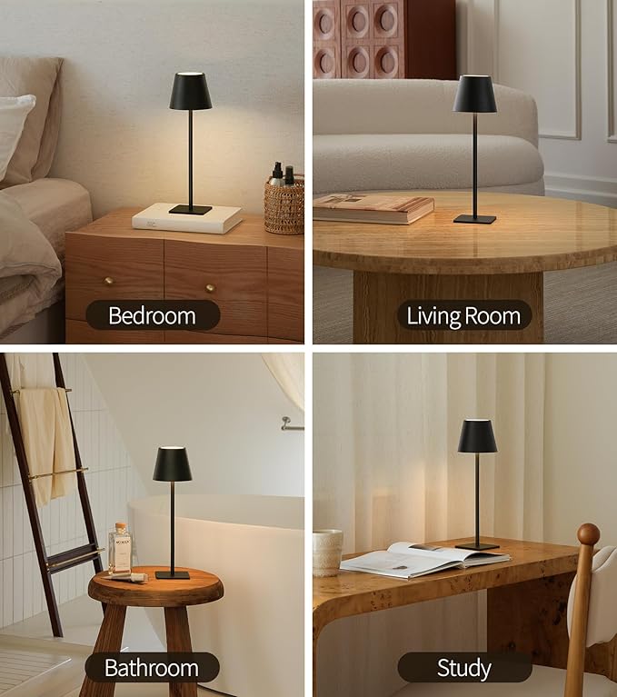 UME 3 Pack Cordless Table Lamp, Battery Operated Lamp - Portable Waterproof Rechargeable Table Lamp w/ 3 Color Temps & Stepless Dimming for Dinner, Desk, Cafe, Outdoor (Black)