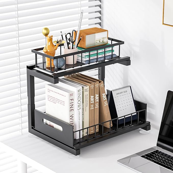 2 Pack Under Sink Organizer, 2-Tier Heavy Duty Metal Pull Out Cabinet Organizer Slide Out Sink Shelf Organizer Height Adustable, Multi-Purpose Storage Shelf for Kitchen Bathroom (Black, 2 Pack)