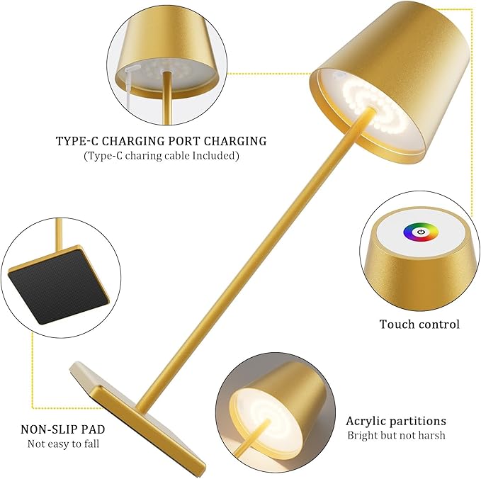 2-Pack LED Cordless Table Lamp with RGB & Stepless Dimming, 3W 5500mAh Rechargeable Desk Lamps Battery Operated Table Light Stepless Dimmable Portable Table Lamp for Table/Bedroom/Outdoor (Gold)
