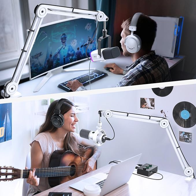 FIFINE Microphone Boom Arm Stand, Metal Heavy Duty Mic Stand, Scissor Suspension Adjustable Boom Arm for Podcast Recording Streaming Gaming, with Desk Clamp, 5/8" Screw, Cable Ties-BM63 White