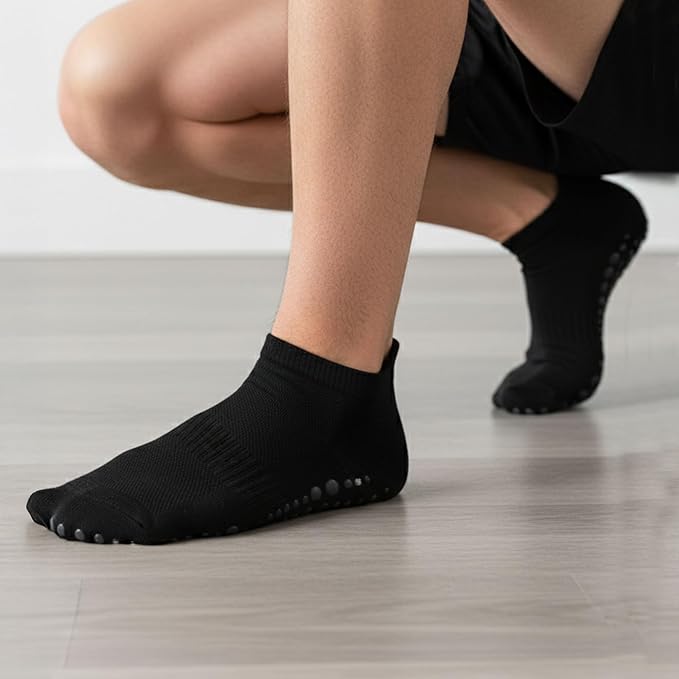 AMELLE Pilates Mid Crew Grip Socks for Women Non Slip – Half Cushioned Striped Yoga Barre Crew Socks with Grips – Anti Skid