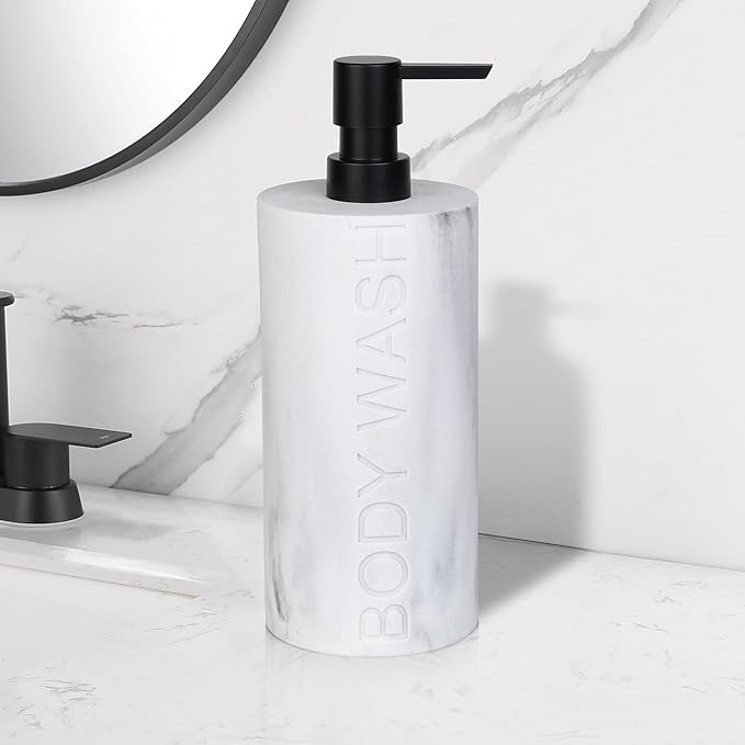 White Body Wash Dispenser Luxurious Refillable Pump Bottle with Embossed Text, Durable Construction for Bathroom and Kitchen