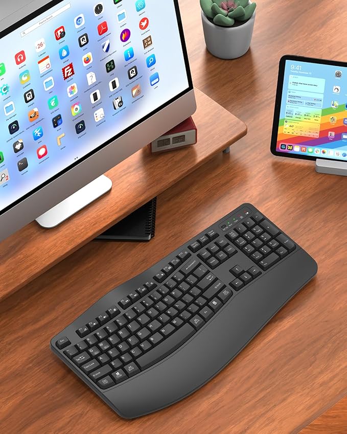 Ergonomic Wireless Keyboard with Wrist Rest, Wave Keys, Comfortable Natural Typing, 2.4GHz Full Size Ergo Wireless Computer Keyboard for Multi-OS, Windows, Mac OS Laptop/PC/Notebook (Gray)