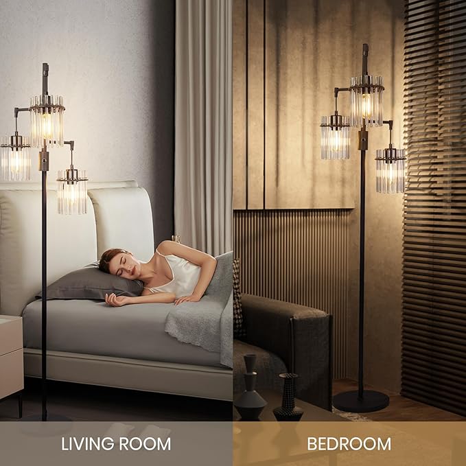 Industrial Floor Lamps for Living Room, Dimmable Floor Lamp Modern Standing Lamps with Glass Lampshade, Rotary Switch, LED Bulbs, Tall Lamps for Bedroom, Office (3 Lampshades(66inch))