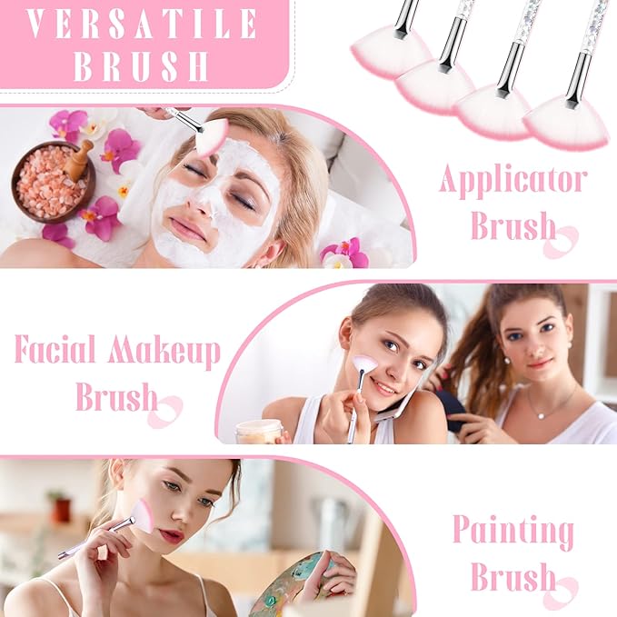 12 Pcs Fan Brushes for Facial Mask Brushes with Glitter Quicksand Handle Cosmetic Facial Fan Brushes Soft Facial Mask Brush Applicator Facial Peel Applicator Face Mask Tools with Pouch (Silver)