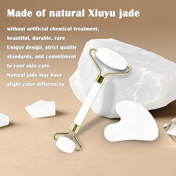 Jade Roller Gua Sha Tools – Nature Gua Sha Facial Tool Skin Tightening Face Massager Anti-Aging Jade Face Roller Puffiness Reducing Guasha Stone for Women Men (White)