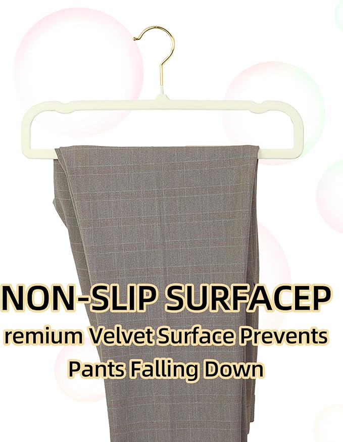 HGYZE Velvet Pants Hangers 20 Pack, 360° Swivel Gold Hook, Non Slip Felt Hanger for Spaghetti Strap Dresses Slack Jean, Short Neck Pant Bar for Closet, Cute Flocked Trouser for Adult Teen