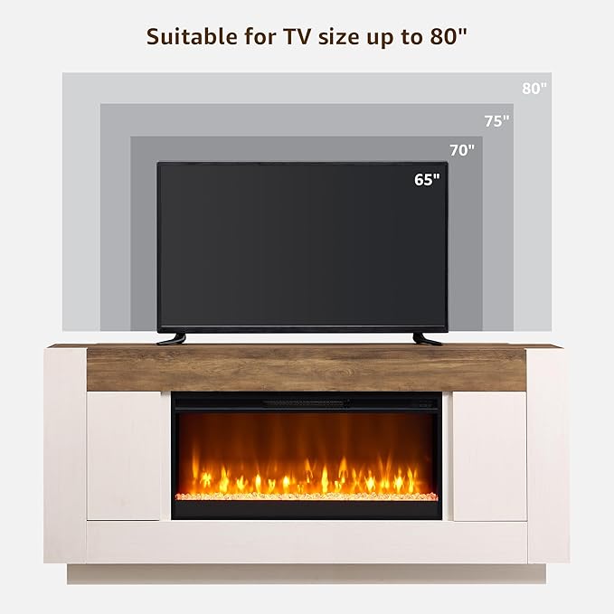 OKD Modern 70" Fireplace TV Stand with 36" Electric Fireplace, Entertainment Center for TVs Up to 80", Media Console with Side Cabinets, Thick Wood Design for Living Room, Antique White