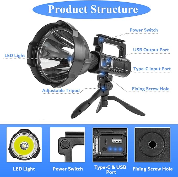 Rechargeable Spotlight, 3,000,000L High Lumens Led Spot Lights Outdoor Handheld Super Bright Powerful Long Range Flashlight with 4 Modes, Tripod, USB C, IPX5 Waterproof for Fishing Boating Camping
