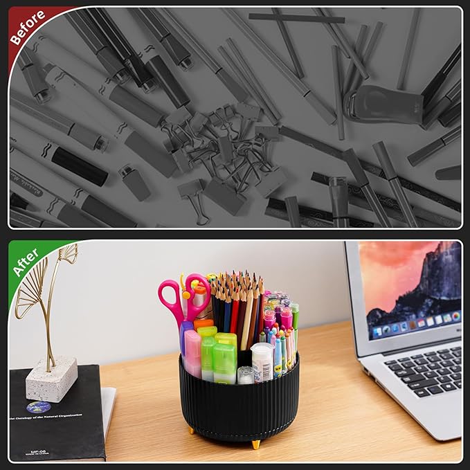Marbrasse Desk Organizer - 360-Degree Rotating Pen Holder with 5 Compartments, Art Supply Storage Box Caddy for Office and Home (Black)