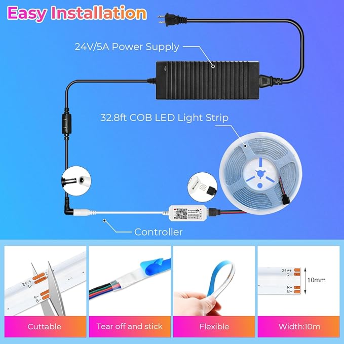 INDARUN 24V RGB COB Led Strip Light 32.8FT/10M, 5760Leds,10mm Width, Flexible Led Tape Light, Smart Led Strip Light Color Changing, Music Sync, Led Strip Lights for Room Decor, TV Backlights