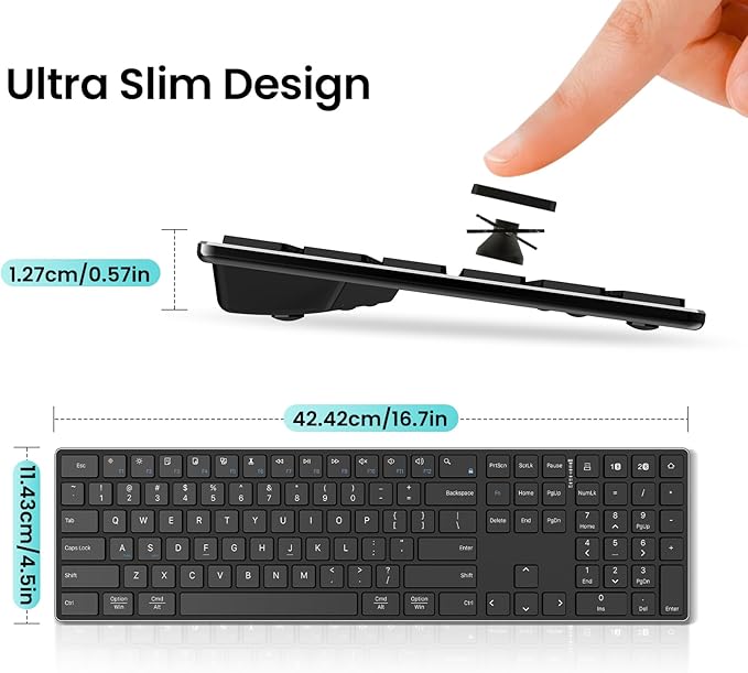 TIETI 2.4G Wireless Bluetooth Keyboard Rechargeable, Stainless Steel Ultra Slim Full Size Keyboard with Numeric Keypad Low Profile Silent Cordless Keyboards for Computer/Mac/Windows