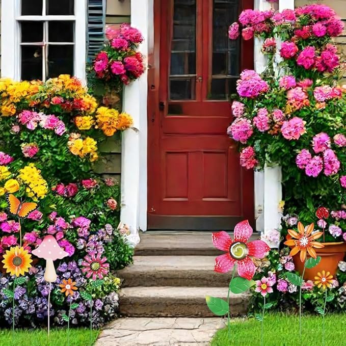 hogardeck Garden Decor for Outside, Set of 10 Metal Flowers Garden Stakes with Mushroom Butterfly Ladybug for Spring Decor, Yard Art Garden Decorations for Outdoor Lawn Porch Pathway (Multi-Color)