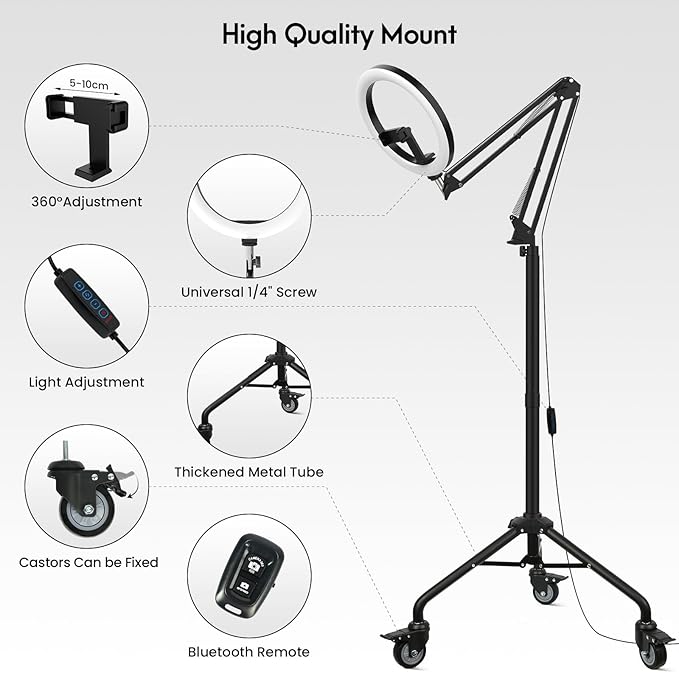 LUXSURE Ring Light Tripod for iPhone,Ring Light with Stand and Phone Holder,LED Overhead Camera Mount with Casters,Phone Tripod with Light and Remote for Video Recording/Live Stream/Cooking