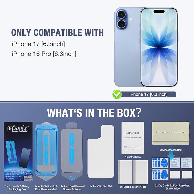 2-Pack Screen Protector for iPhone 17, iPhone 16 Pro-6.3 inch, 9H Tempered Glass, High Definition Clear, Full Coverage, Anti-Fingerprint, Auto Dust-Elimination, No Bubble, Easy Installation