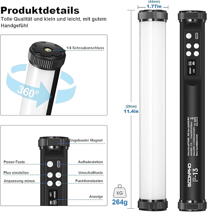 Soonpho RGB LED Video Light Wand Stick,360° Full RGB Magnetic Tube Light,3200K~8500K,Rechargeable 4000mAh Battery for Photography YouTube Vlog