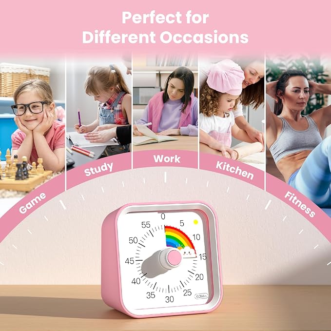 Visual Timer with Pause Function, 60 Minute Countdown, Pomodoro Timer for Kids, Productivity Timer, Time Management for Kitchen Cooking, Study, Teaching, Office Meetings (Rainbow Pink)