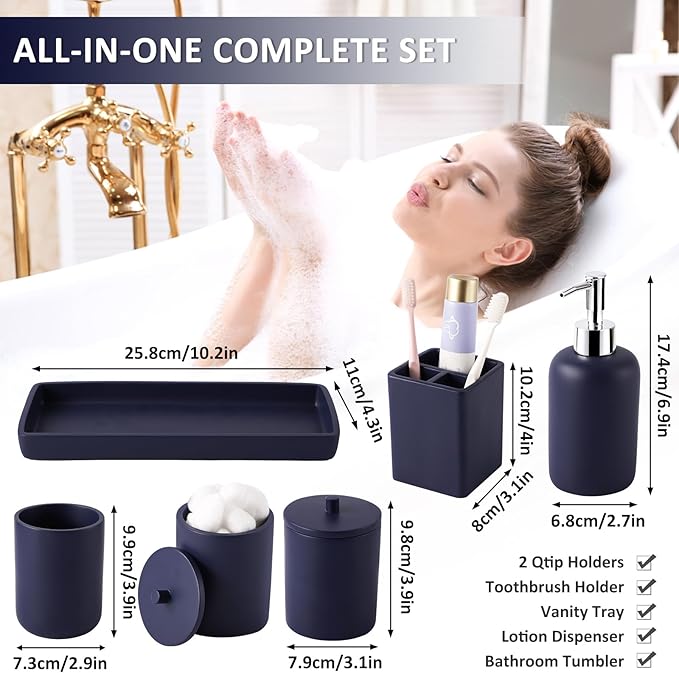 Resin 6 Pcs Navy Blue Bathroom Set Complete with Toothbrush Holder, Lotion Soap Dispenser, 2 Qtip Holder Dispensers,Vanity Tray,Bathroom Tumbler - Countertop Vanity Organizer - Bathroom Accessories