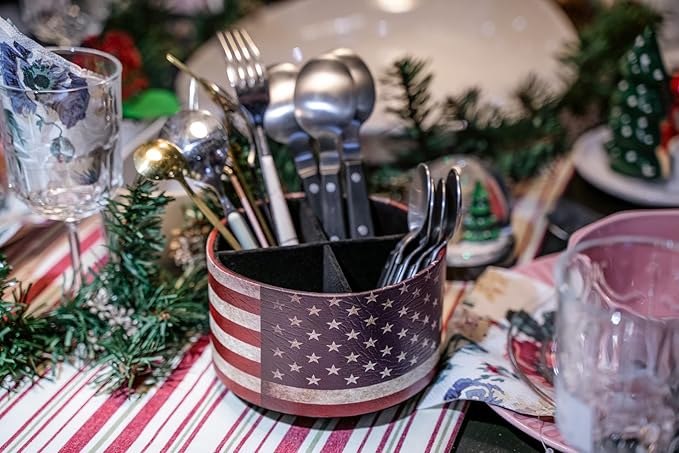 Hennaja Round Leather Art Supply Organizer,Remote Control Holder,360 Degree Rotating,Multi-Functional Pencil Holder,4 Compartments Desktop Stationary Organizer(1-American Flag)