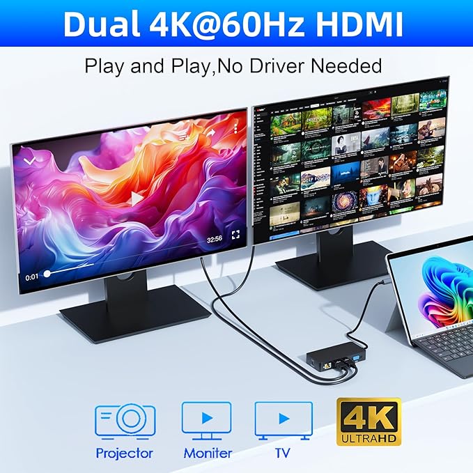 Microsoft Surface Thunderbolt 4 Dock Triple Displays Dual HDMI+VGA, 12 in 1 Surface Docking Station for Surface Pro 11/10/9/8/X/7+/7, Surface Laptop 7/6/5/4/3, Laptop Studio