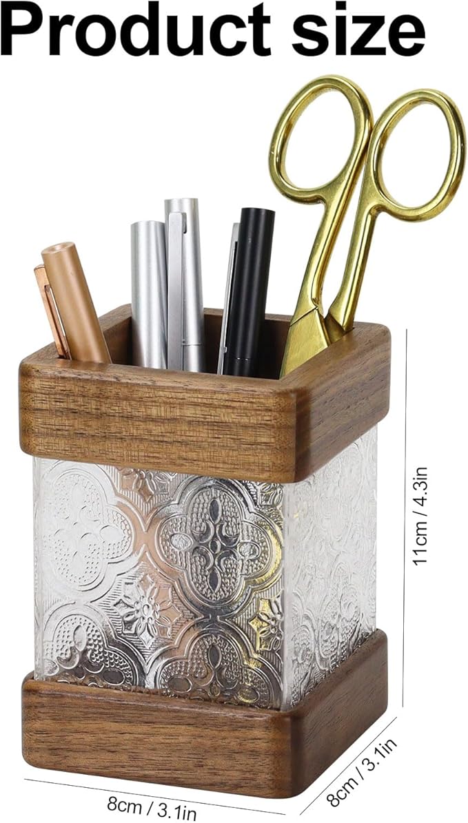 MultiBey Walnut Wooden Pencil Holder, Clear Acrylic and Wood Pen Holder, Black Walnut Desktop Pencil Cup Stand Wood Desk Accessory Organizer for School Office Home Supplies