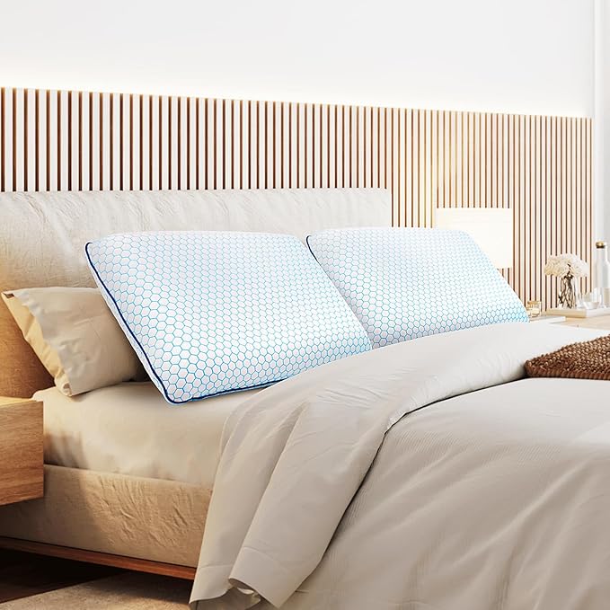 Memory Foam Pillows for Side, Back and Stomach Sleepers, Set of 2, Bed Pillow with Washable Cover and Breathable Mesh, Bed Pillow for Sleeping (Blue,Queen Size)