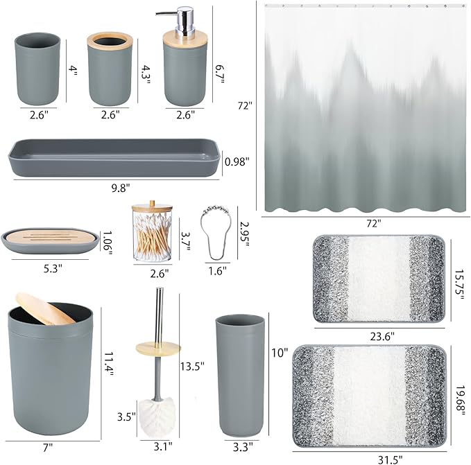 iMucci Bathroom Accessories Grey Bathroom Sets with Shower Curtain and Rug, Grey Ombre Waterproof Shower Curtain with Ultra Absorbent Rug Bathroom Accessories Set for Home Decor