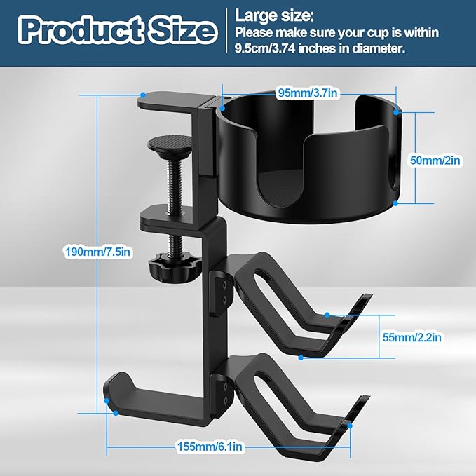 4 in 1 Desk Cup Holder with Headphone Hanger and Controller Stand Gaming Accessories, Universal Adjustable & Rotating Upgraded Arm Clamp for Coffee Mugs, Water Bottles, Headphones, Controller.