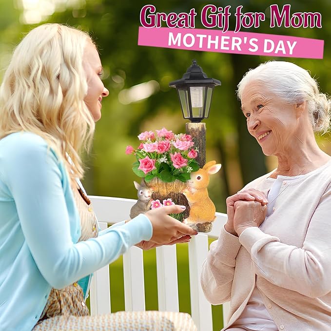 Solar Bunny Garden Stalue Outdoor, Rabbits Figurine Flowerpot Decolwith Solar Lantem for Yard Art Lawn Ornaments Porch Patio Balcony - Gardening Gifts for Women Mom