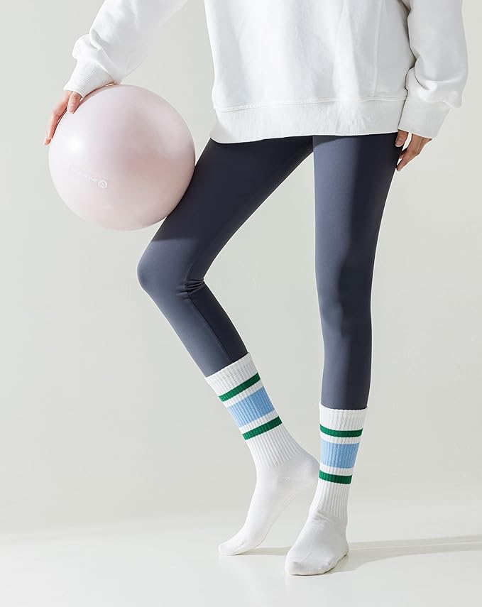 Yawlsow 3 Pairs Pilates Grip Socks for Women Yoga Grippy Striped Retro Crew Socks Non Slip Sticky Barre Sock with Grippers