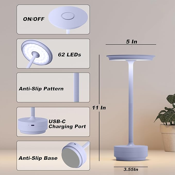Rechargeable Table Lamps Cordless, Portable 5000mAh Outdoor Table Light, 3 Color Stepless Dimming LED Table Lamp with Memory Function, for Home/Dinner/Patio/Restaurant.(Light Purple)