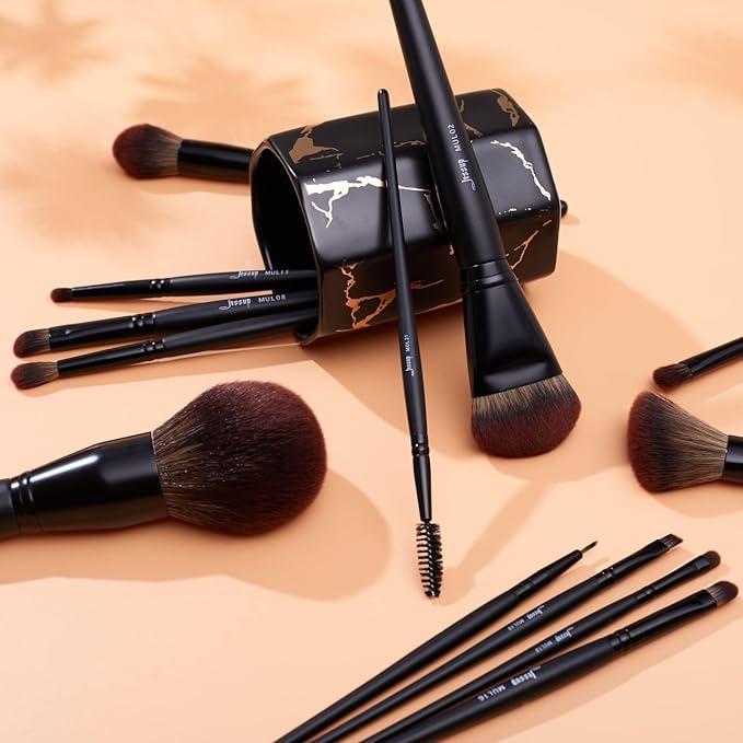 Jessup Full Makeup Brushes Set 13pcs, Professional Vegan Foundation Powder Contour Blush Highlight Eyeshadow Blending Concealer Spoolie EyeLiner Brush, Phantom Black T300