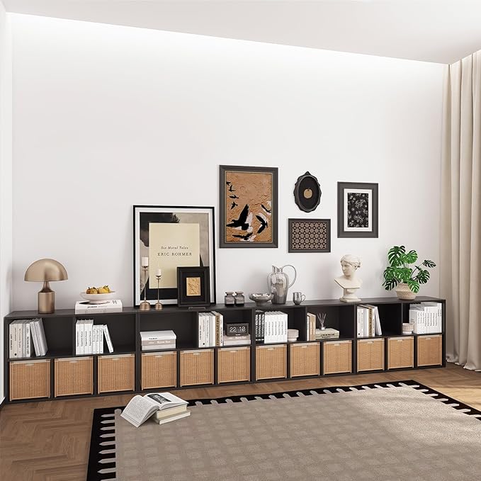 Wooden 5 Cube Storage Organizer with Closed Back Panel, Black Cube Shelf Heavy Duty Cubby Storage Organizer with Compartments for Living, Display Shelf