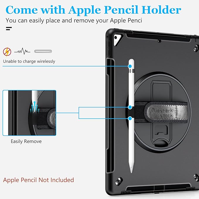 Case for iPad Pro 12.9 2nd Generation 2017 & 2015 1st Generation, Heavy Duty Rugged TPU Protective Cover with Screen Protector- Stand + Handle Hand & Shoulder Strap + Pencil Holder- Black