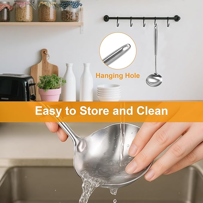 FJNATINH Soup Ladle Stainless Steel, Food Grade Metal Kitchen Ladle Spoon for Canning Soups Sauces, Easy to Clean, 15 Inches