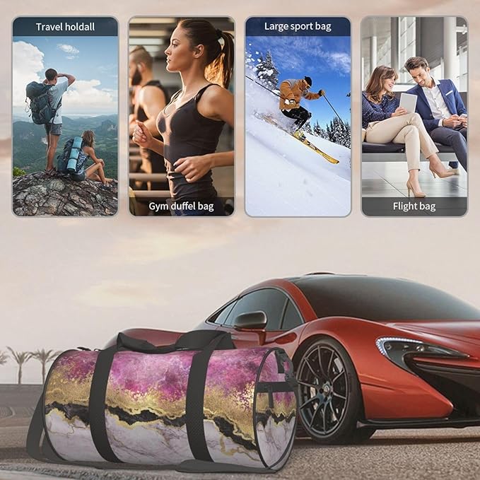 Marble Abstract Purple Pink Gold Modern Foldable Duffle Bag For Women - Workout Bag For Gym Men - Boy Gym Bag - Girls Small Weekender Duffel Bag - Packable Luggage Bag For Travel Sports