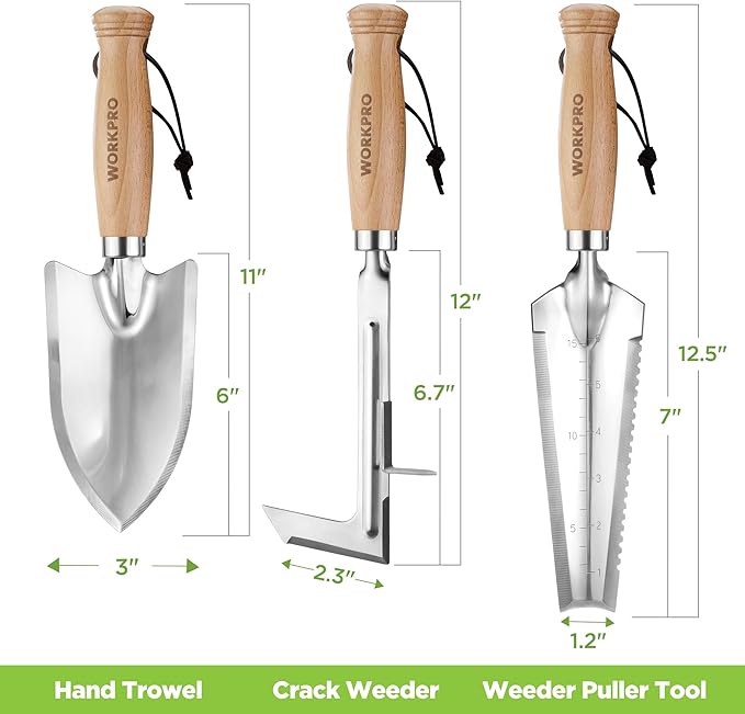 WORKPRO Garden Tool Set, 3 Pcs Gardening Hand Tools with Wood Handle, Weed Puller, Crack Weeder, Hand Trowel, for Planting, Digging, Weeding, Ideal Gardening for Women & Men