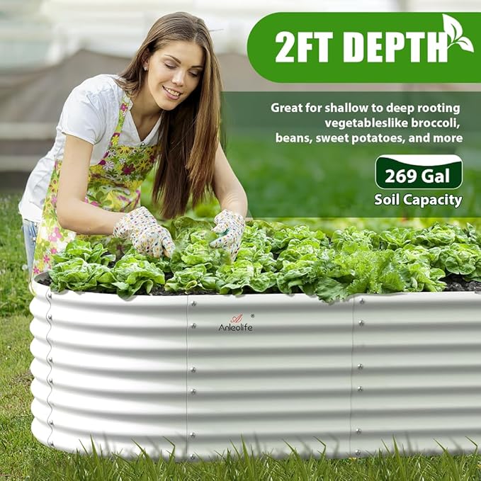 A ANLEOLIFE 6X3X2 ft Galvanized Raised Garden Beds Outdoor-8 Pack, Oval Large Metal Deep Root Planter Box for Planting Vegetables Flowers Herb, Anti-Rust & Easy-Setup, Antique White